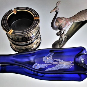 Calla Lily, German Riesling wine bottle, melted bottle, slumped bottle, slumped glass, recycled glass, spoon rest, snack dish, wine, blue