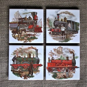 Trains of the Past, coaster set, tile coasters, coaster, ceramic tile, decorative tile, tile, ceramic tile coasters, trains