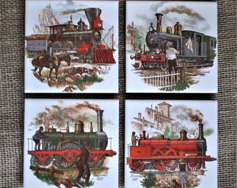 Trains of the Past, coaster set, tile coasters, coaster, ceramic tile, decorative tile, tile, ceramic tile coasters, trains