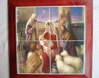 Nativity Scene, Nativity, Christmas, baby Jesus, tile mural, wall art, decorative tile mural, wall hanging, tile art, framed art, ceramic