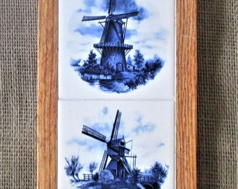 Blue Delft Windmills, Kiln Fired, Ceramic Tile, Wall Hanging, decorative tile, wall art, wall decor, original artwork from Holland