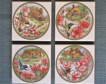 Hummingbirds, cottage, tile coasters, ceramic tile coasters, decorative tile, custom tile, ceramic tile, coaster set