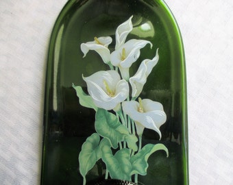 Calla Lily, melted bottle, slumped bottle, spoon rest, cheeseboard, recycled glass, lily, wine, wine bottle, barware