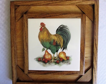 Rooster, decorative tile, wall decor, wall hanging, custom frame, rustic framing, kiln fired tile, wall tile art, kitchen decor, rooster