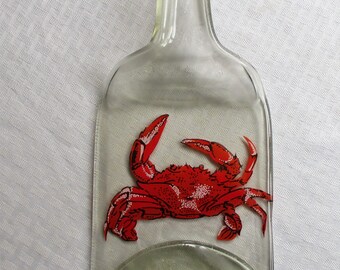 Crab, melted bottle, melted glass, slumped wine bottle, spoon rest, cheeseboard, barware, crab, ocean, beach, recycled glass, fused glass