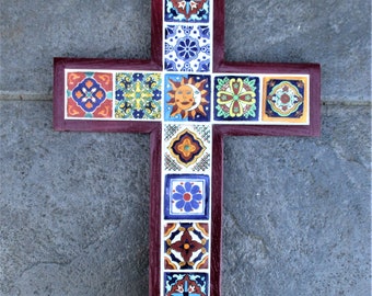 Mexican Talavera Tile Cross, talavera tile, Mexican talavera tile, cross, crucifix, tile cross, wooden cross, tile, Mexican tile, Cruz