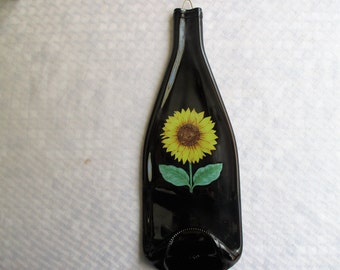 Sunflower, melted bottle, slumped bottle, slumped glass, recycled glass, cheeseboard, wall hanging, spoon rest, wall art, wine, sunflower