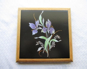 Iris, trivet, tile trivet, decorative tile, wall hanging, black tile, wall decor, framed art, cheeseboard, hot plate, iris, flower