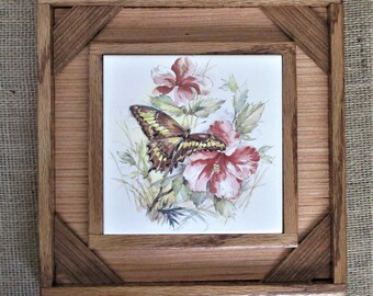 Monarch Butterfly, decorative tile, tile wall decor, wall hanging, rustic wooden frame, custom frame, custom tile, tile art, butterfly