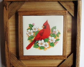 Red Cardinal, decorative tile, tile wall decor, framed tile, tile art, custom tile, custom frame, cardinal, bird, ceramic, wall hanging, art