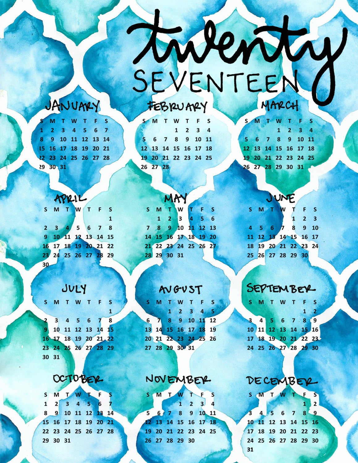 2017 Printable Calendar, Year at a Glance, Digital Download, Blue/green