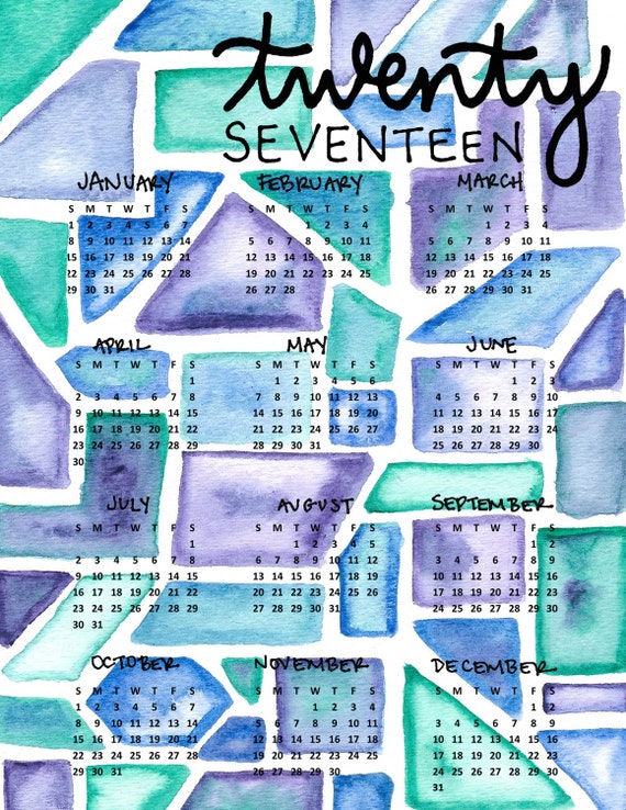 2017 Printable Calendar Year at a Glance Digital Download Etsy