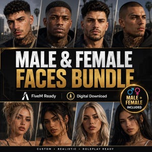 Pode incluir: Uma imagem digital que apresenta um pacote de rostos masculinos e femininos. A imagem mostra uma colagem de rostos realistas, com o texto "MALE & FEMALE FACES BUNDLE" em dourado. O gráfico inclui o texto "FiveM Ready" e "Digital Download".
