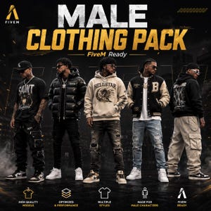 May include: An advertisement for a male clothing pack, featuring the text "MALE CLOTHING PACK" in gold. Five models are shown wearing different outfits, such as a black t-shirt, a black puffer jacket, a beige hoodie, a letterman jacket, and a black hoodie.