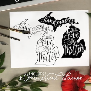 May include: Black and white digital design featuring the outline of the state of Michigan with the text "hand-crafted with love in the mitten" written inside the state outline. The text "hand-crafted" is also written above the state outline. The design includes a commercial license.