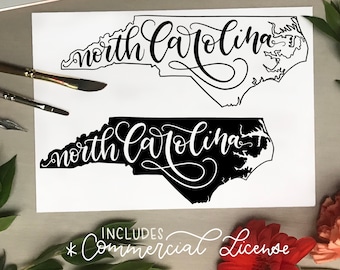 May include: A digital art file pack featuring hand-lettered SVG and PNG files. The design includes the outline of North Carolina with the words "north carolina" in a cursive font. The words "Includes Commercial License" are also present.