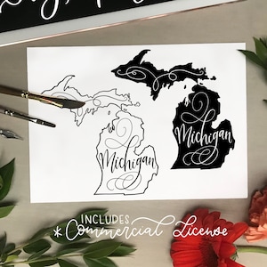 May include: Black and white outline of the state of Michigan with the word "Michigan" written in cursive inside the outline. The state is also shown in a solid black silhouette with the word "Michigan" written in cursive inside the silhouette. The text "HAND LETTERED svg & png FILE PACK" is at the top of the image. The text "INCLUDES *Commercial License" is at the bottom of the image.