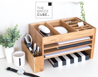 Wood Office Desk Organiser & Accessories | Bamboo Office Supplies Storage Caddy | Docking  Station | Desk Tidy