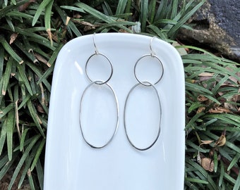 Oval Dangle Earrings, Circle Link Earrings, Silver Circle Earrings, Long Dangle Earrings, Linked Hoop Earrings, Simple, Versatile, Gift Idea