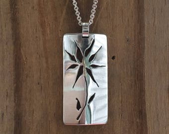 Flower Pendant Necklace, Silver Flower Necklace, Unique Gift for Her, Rectangle Pendant, Flower Cut Out Necklace, Everyday Jewelry