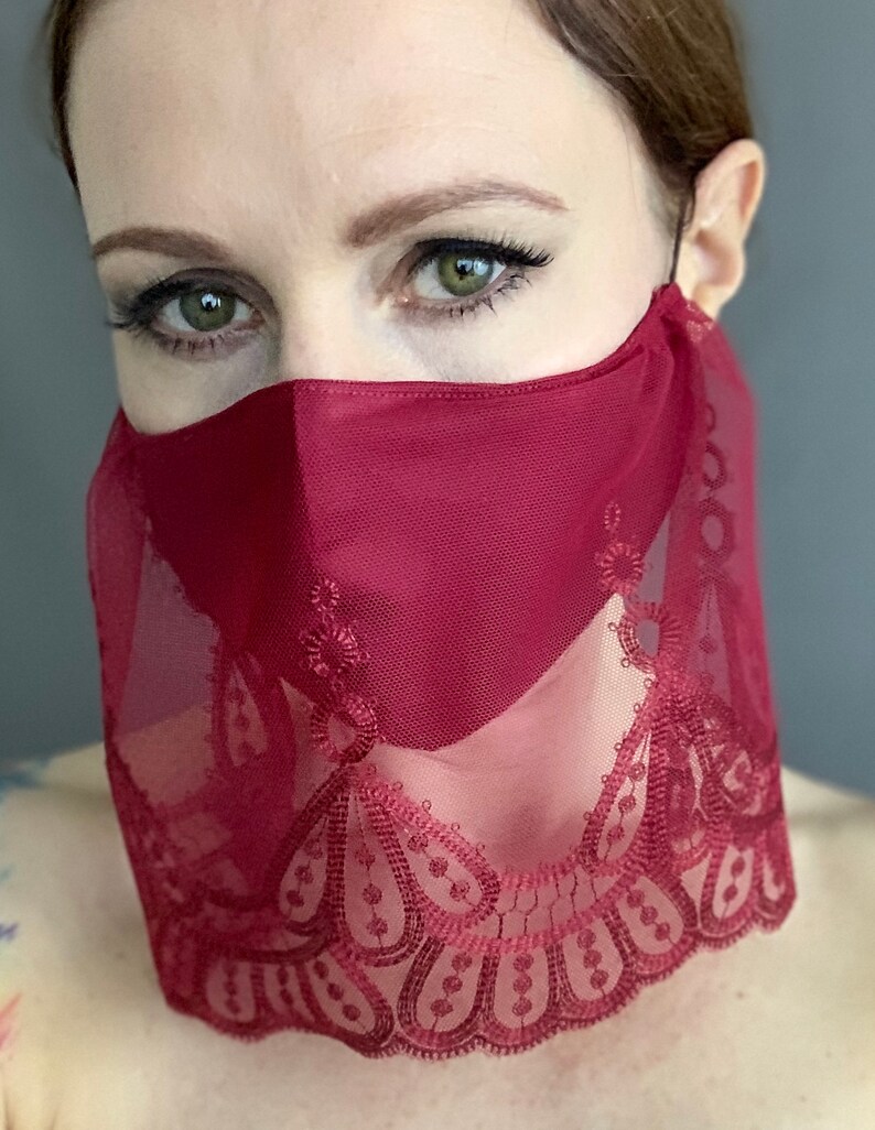 Sexy red lace 3-ply face mask veil with filter pocket nose | Etsy