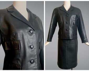 GORGEOUS Vintage 60s Spanish Leather Suit Size 10 Medium Black Skirt Jacket 1960s mod knee length fall winter 8 M custom made handmade vfg