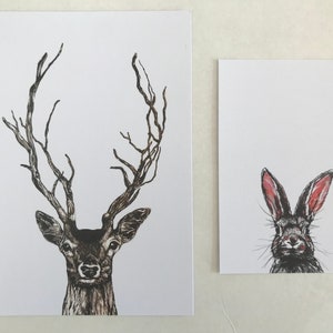 2 cartes d'art van hert en konijn