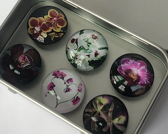 Set of Six Glass Orchid Magnets - Orchids - Orchid Flowers Magnet Set - Stocking Stuffers - Secret Santa - Teacher Gift - Coworker Gift