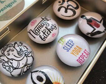 Set of Six Glass Magnets - Yoga - Namaste Bitches - Eat Sleep Yoga - Om - Yogi Gift - Meditation - Fitness - Stocking Stuffers