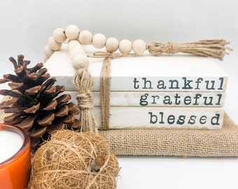 Stamped Book Stack - Thankful Grateful Blessed | Stacked Books | Magnolia Farmhouse Home Decor | Thanksgiving Fall Home Decor | Tiered Tray