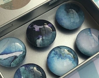 Set of Six Glass Magnets - Watercolor - Teacher Gift - Fridge Magnets - Coworker Gift - Office Decor - Stocking Stuffers