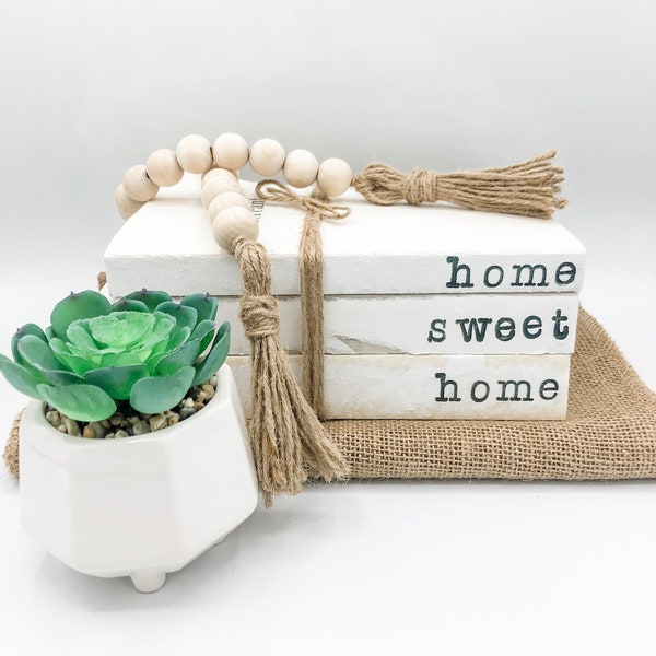 Home Sweet Home Stamped Book Stack | Stamped Books | Farmhouse Home Decor | Housewarming Gift | Magnolia | Stacked Books | Tiered Tray Decor