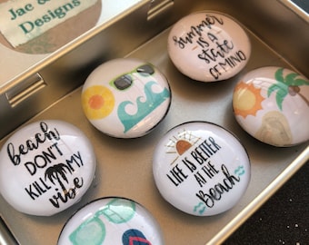 Set of Six Glass Magnets - Beach - Summer - Life's a Beach - Positive Vibes - Beach House Decor - Gift - Stocking Stuffers