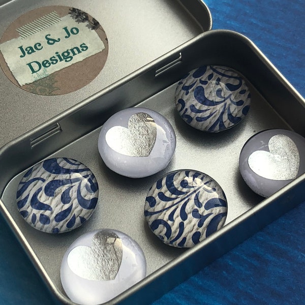 Set of Six Glass Magnets - Blue Paisley - Silver Heart - Work Gift Exchange - Fridge Magnets ~ Coworker Gift - Stocking Stuffers