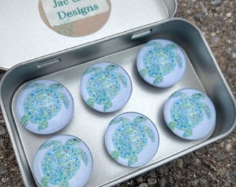 Set of Six Glass Magnets - Sea Turtles - Beach Theme - Teacher Gift - Beach House - Gift Exchange - Stocking Stuffers - Ocean - Turtle