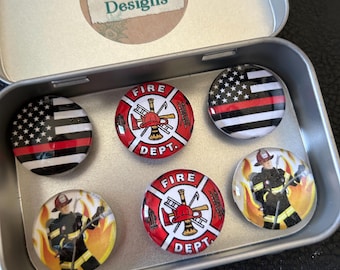 Set of Six Firefighter Glass Magnets | Firefighter Gift | Volunteer Firefighter Gift | Fireman | First Responder Gift | Stocking Stuffer