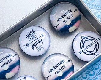 Adventure Awaits Set of Six Glass Magnets | Gypsy Mom | Moon Child | Wanderlust | Hippie Gift | Coworker Gift | Stocking Stuffer | Pollyanna