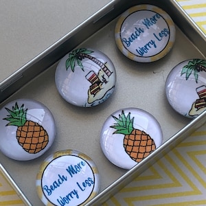 Set of Six Glass Magnets - Beach Theme - Beach More Worry Less - Work Gift Exchange - Beach House - Coworker Gift - Stocking Stuffers -Ocean