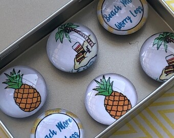 Set of Six Glass Magnets - Beach Theme - Beach More Worry Less - Work Gift Exchange - Beach House - Coworker Gift - Stocking Stuffers -Ocean
