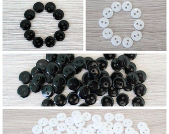 50 Small White or Black 9 mm Buttons for Sewing, Knitting and doll clothes. Wholesale Bulk Buttons. Tiny Doll Buttons