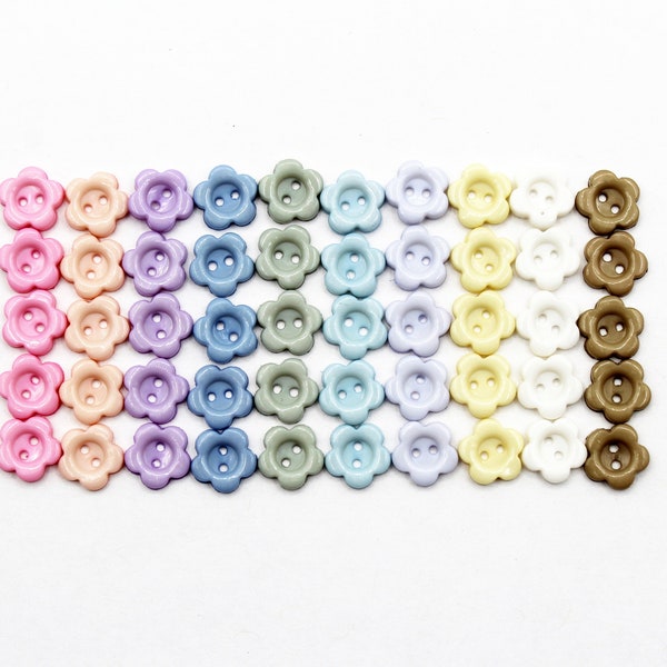 50 Small 8 mm, 1/3inch flower Buttons. New colors. Doll clothes Buttons. 10 pastel colors in one set.