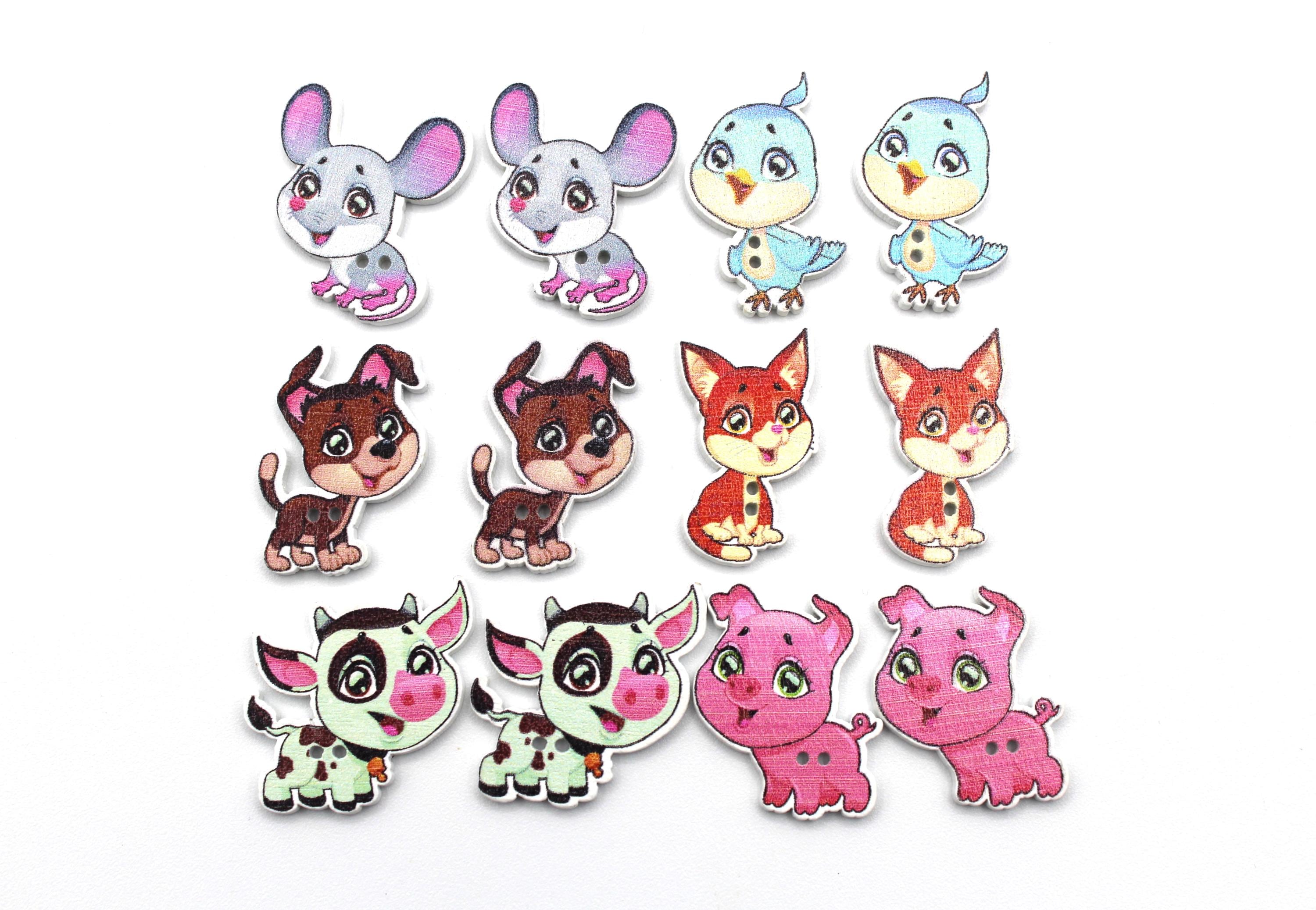 Cartoon Animals Buttons. Wooden Animal Shape Craft Buttons. Set of 12 ...