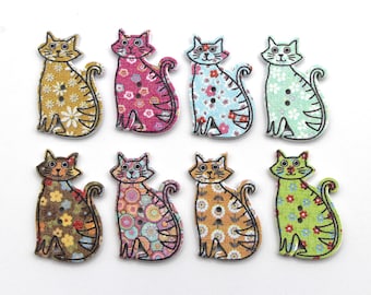 Cat wooden buttons, Kitten craft buttons. Set of 8 buttons.