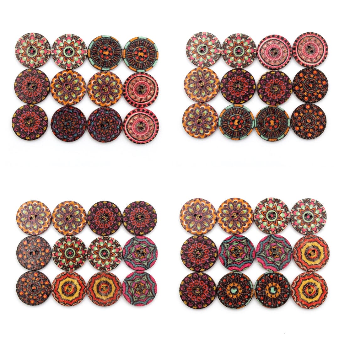 Decorative Wooden Buttons. Ethnic Design, Round 20mm, 3/4", 2 Holes ...