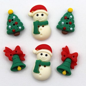 Christmas decorative buttons. Set of six two hole cute buttons.