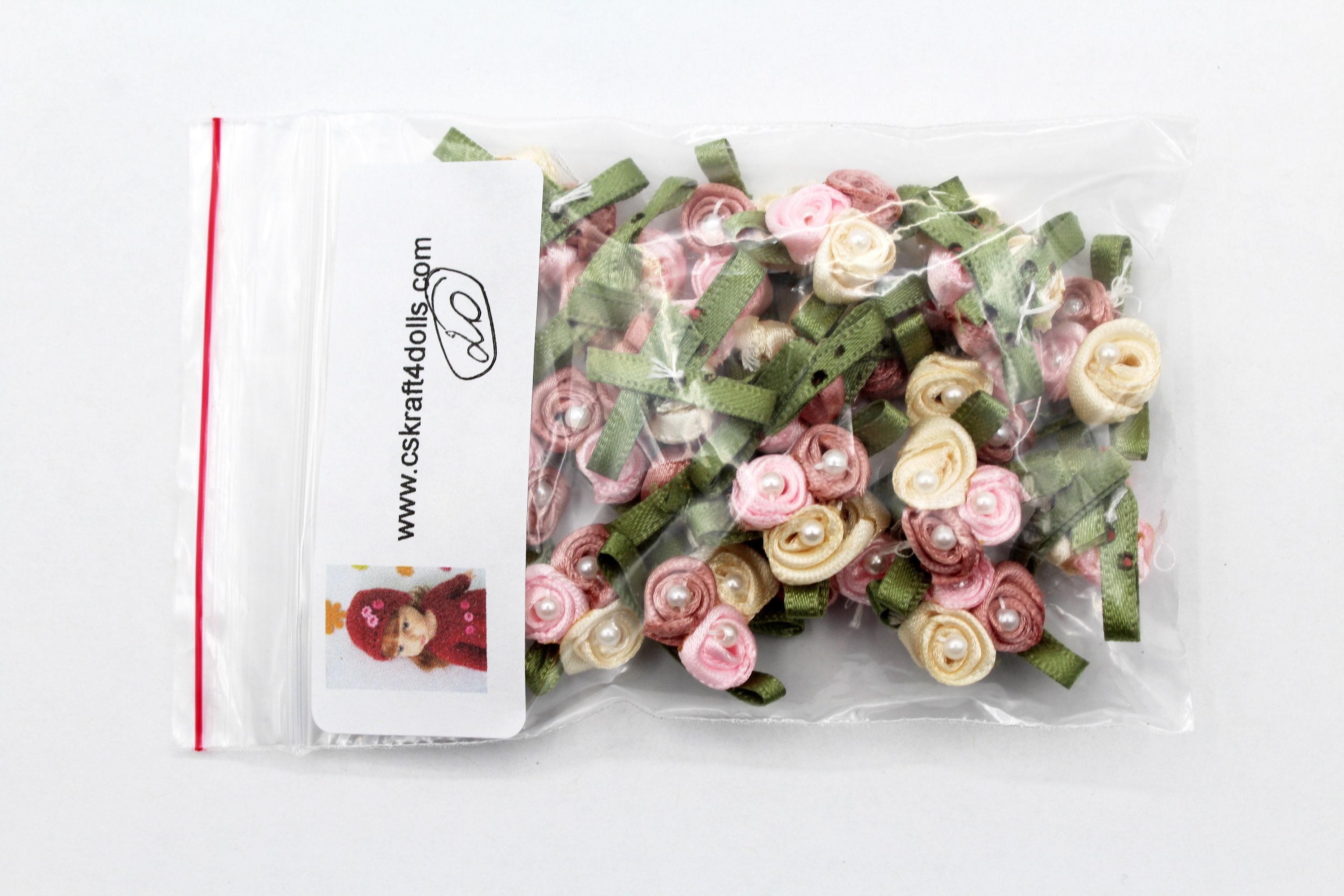 Mini Satin Ribbon Roses With Pearls and Leaves. Decoration  display picture 3