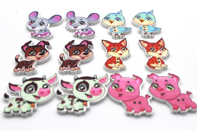 Cartoon Animals Buttons. Wooden Animal Shape Craft Buttons. Set of 12 ...