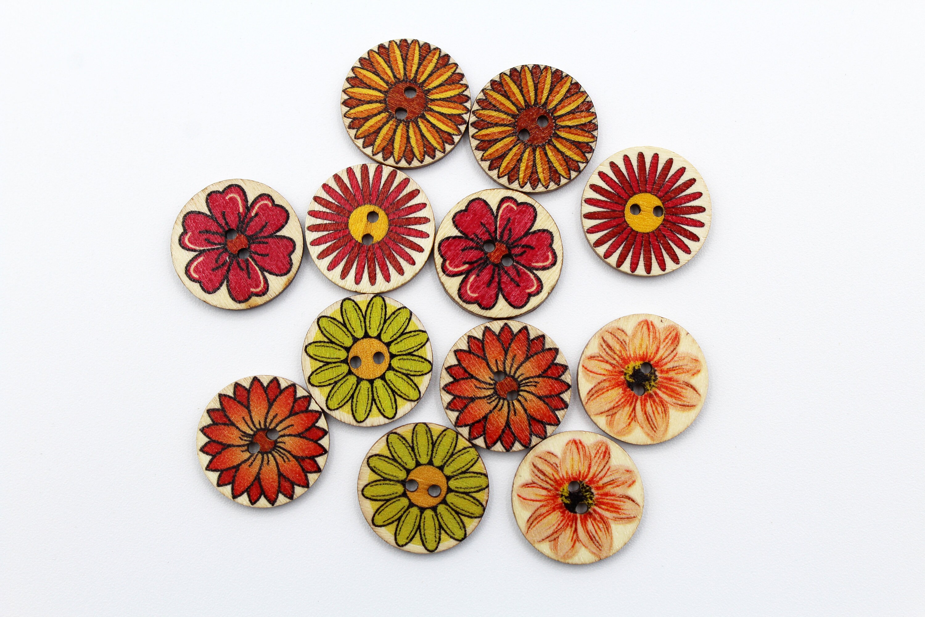 Decorative Wooden Buttons. Flower Print Design, Round 20mm, 3/4", 2 ...