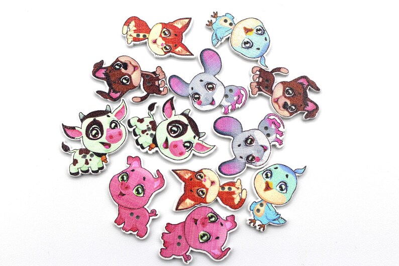 Cartoon Animals Buttons. Wooden Animal Shape Craft Buttons. Set of 12 ...