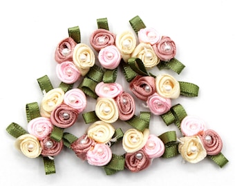 Mini Satin Ribbon Roses with pearls and leaves. Decoration for Craft, Sewing and Doll's Clothing. 10 or 20 pieces.